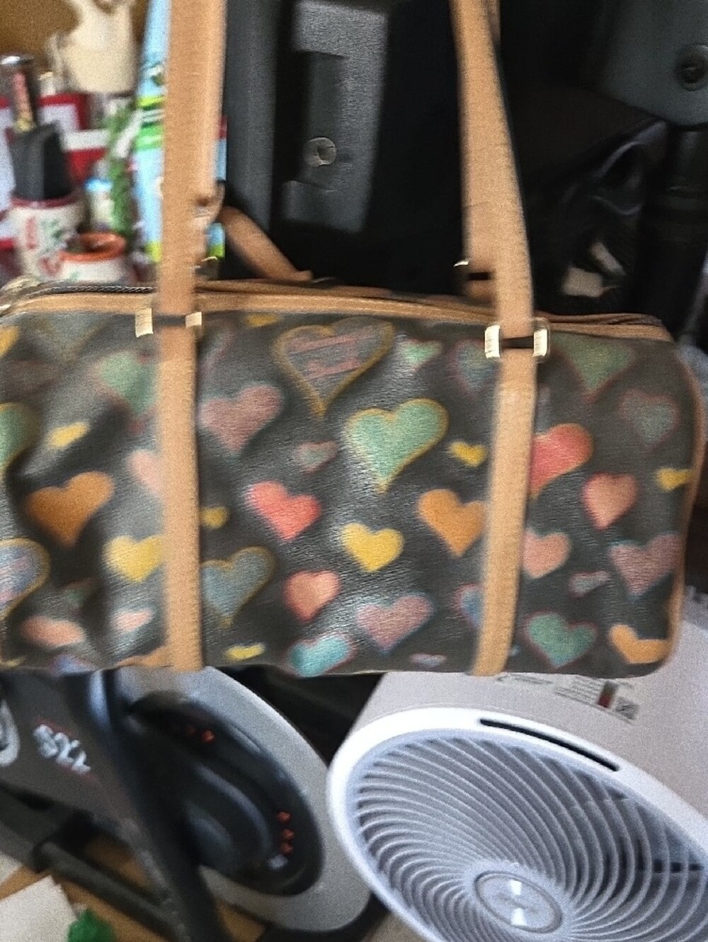 Dooney & Bourke Black Heart Print Barrel Bag with Tan Trim - Picture 6 of 13